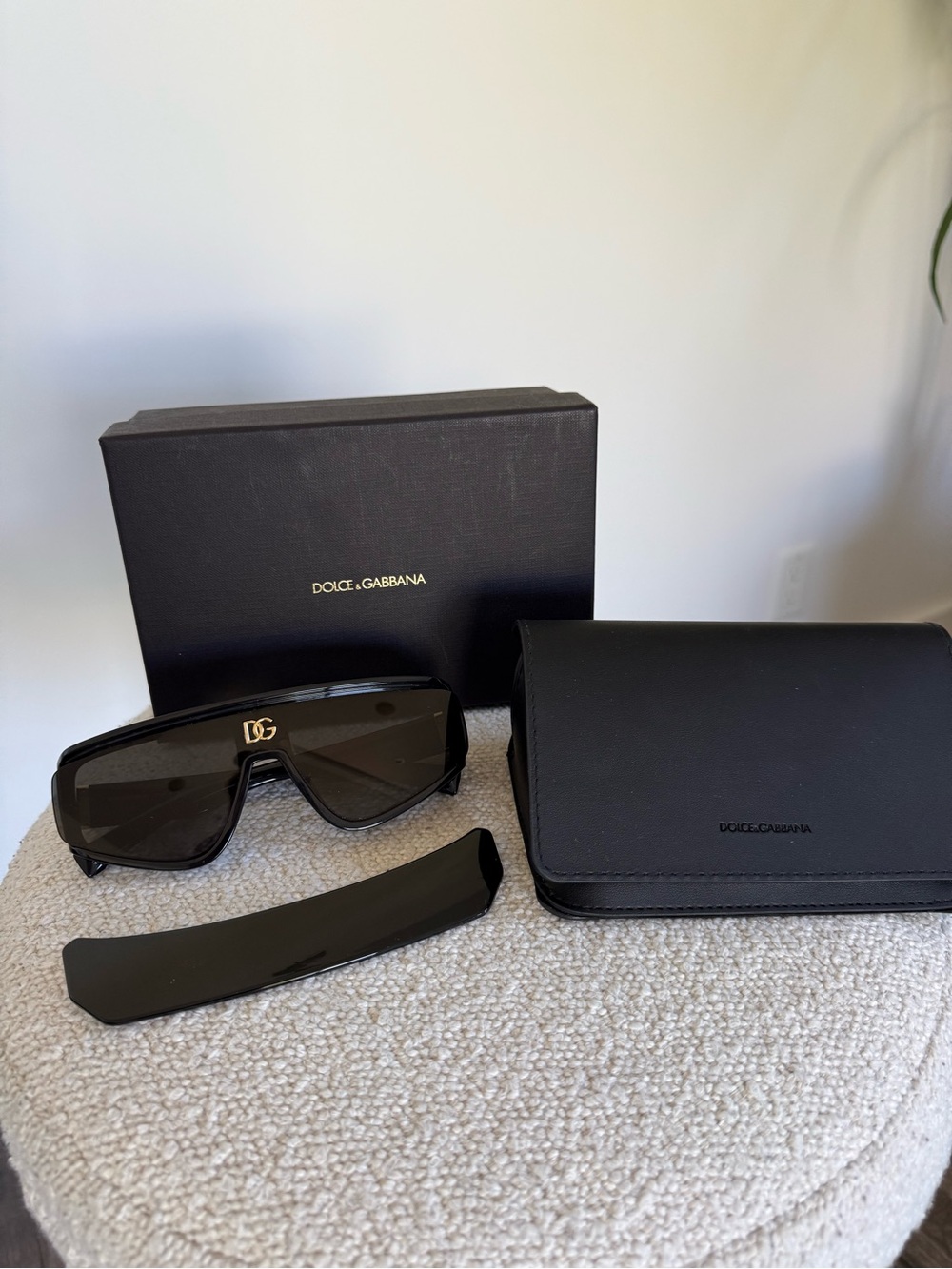 Dolce & Gabbana Shield Sunglasses in Black with Gold DG Accent